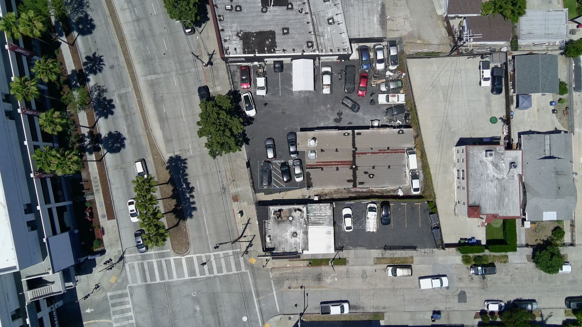 Drone view — 4605 W Pico Blvd lot, building footprint, and on-site parking