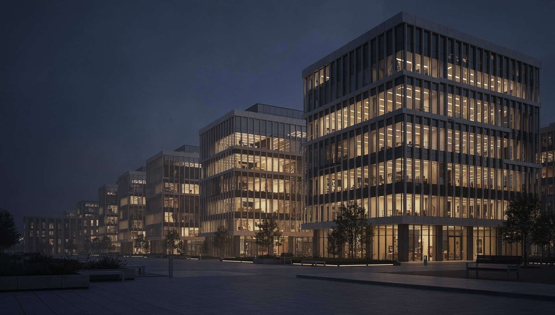Los Angeles commercial office towers at blue hour