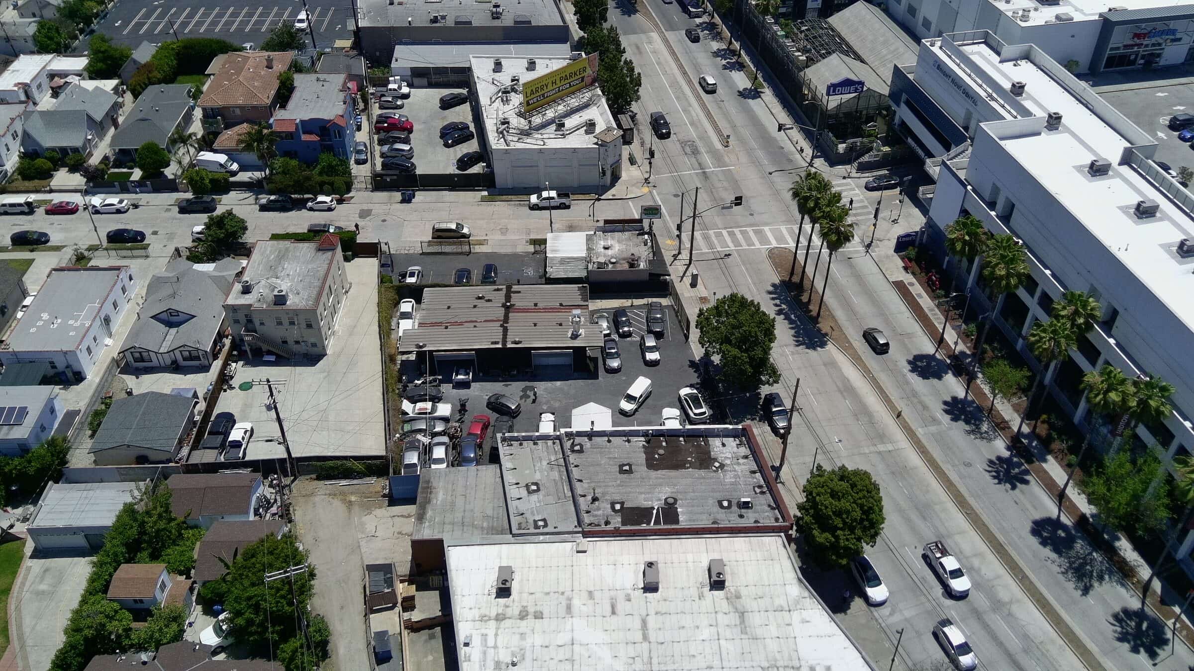 4605 W Pico Blvd — aerial of the property along the Pico Boulevard corridor